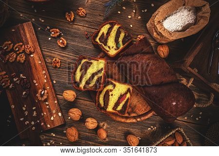 Flat Lay Of Freshly Baked Homemade Dessert, Sweet Bread Cake