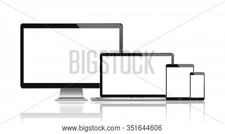 Realistic Set Of Monitor, Laptop, Tablet, Smartphone. Vector Illustration. Eps10