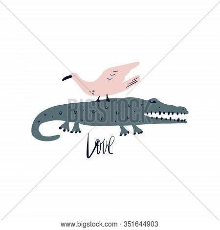 Vector Cute Crocodile And Bird Friendship Concept. Wild Safari African Animals. Funny Cartoon Doodle