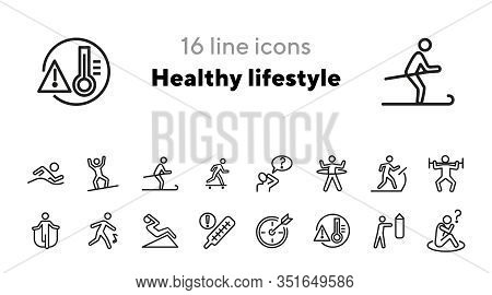 Healthy Lifestyle Line Icon Set. Swimming, Skiing, Gym. Activity Concept. Can Be Used For Topics Lik
