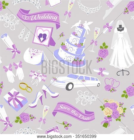 V Bridal Showel Seamless Pattern Vector Illustration. Bride, Bouquet, Wedding Car And Cake, Accesori