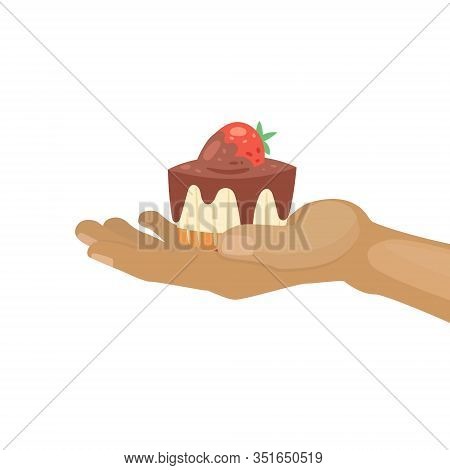 Sweet Cupcake With Chocolate And Strawberry For Birthsday Vector Cartoon Illustration. Muffin In Hum