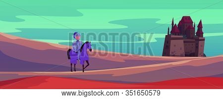 Medieval Castle And Knight On Horse Cartoon Vector Illustration Banner. Brave Warrior Find The Way T