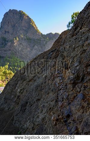Scenic View On Caldera De Taburiente With Green Pine Forest, Ravines And Rocky Mountains Near Viewpo