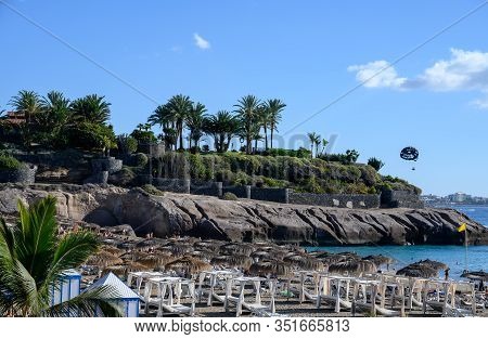 All Year Sun Travel Destination In Europe, Blue Ocean Water On Beach Playa Del Duque In Costa Adeje,