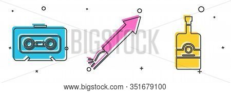 Set Retro Audio Cassette Tape , Firework Rocket And Whiskey Bottle Icon. Vector