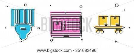 Set Scanner Scanning Bar Code , Laptop With App Delivery Tracking And Railway Carriage Icon. Vector