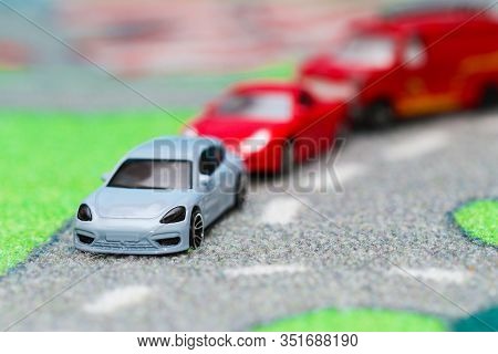 Lubartow, Poland - 20 November 2019: Toy Car Traffic Jam In Front Of Roundabout On Car Town Carpet S