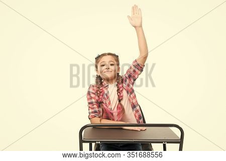 September 1 The First Day Of School Year. Little Girl Raising Hand On September 1 Isolated On White.