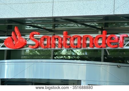 Warsaw, Poland. 15 October 2018. Sign Santander. Company Signboard Santander.