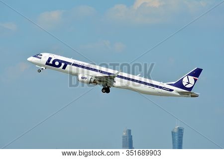 Warsaw, Poland. 21 July 2018. Airplane Sp-lnc Lot - Polish Airlines Embraer Erj-195lr Taking Off Fro