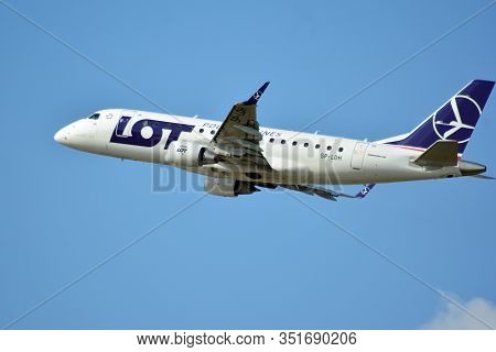 Warsaw, Poland. 21 July 2018. Airplane Sp-ldh Lot - Polish Airlines Embraer Erj-170lr Taking Off Fro