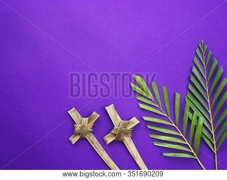 Good Friday, Lent Season, Ash Wednesday, Palm Sunday And Holy Week Concept. Crosses Made Of Palm Lea