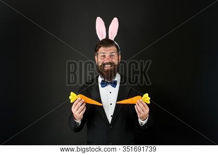 Businessman With Long Ears. Event Host. Celebrate Easter. Bearded Man With Long Ears. Play With Carr