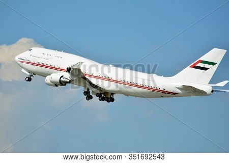Warsaw, Poland. 26 July 2018. Airplane A6-mmm - Boeing 747-422 - Dubai Air Wing Taking Off From The 
