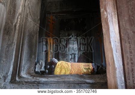 Gold Buddha In Temple, Monastery, Place Of Worship For Buddhists, Buddhism. Vihara, Chaitya Stupa, P