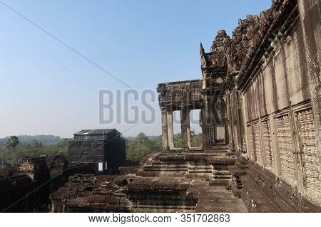 Saftey Reconstruction And Repair Of Beautiful Ancient Angkor Wat Temple Ruins Tower, With Forest In 