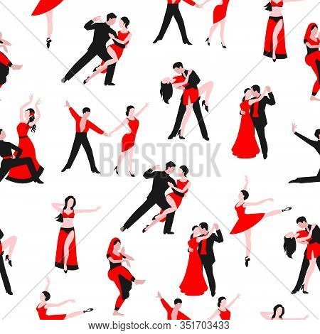 Dancers Or Dancing Party Seamless Pattern, Vector Illustration. Cartoon Dancing Couples Man And Woma