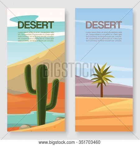Desert Travel Vector Illutration Of Two Banners Set. Wild Deserted Sands And Rocks With Cactuses And