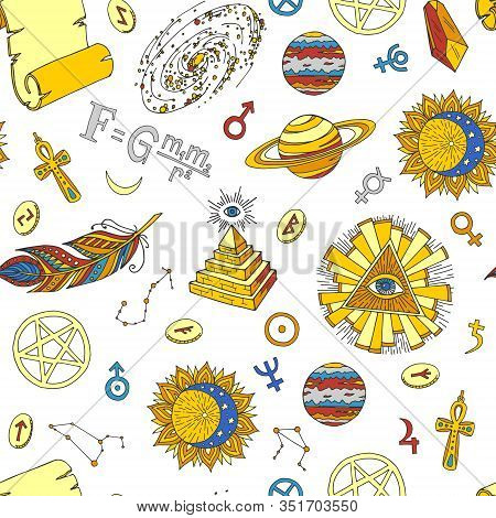 Esoteric Symbols And Occult Objects Seamless Vector Pattern. Cartoon Esotery Manuscript, Eye In Tria