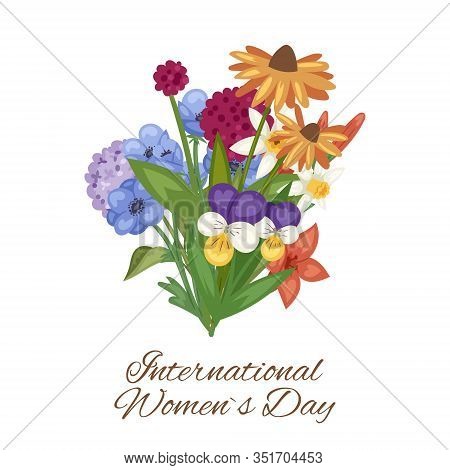 Spring Flowers, Floral Card With Garden Flowers Botanical Vector Illustration. Summer Or Spring Flow
