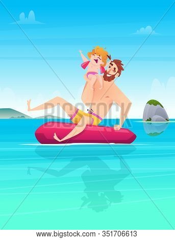 Happy Father And Daughter Float On A Lifebuoy In The Blue Sea, Having Fun And Fooling Around.