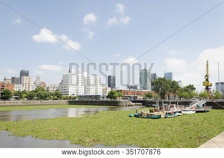 Capital Federal, Buenos Aires/ Argentina; Jan 23, 2016: Unusual View Of Puerto Madero: Water Surface