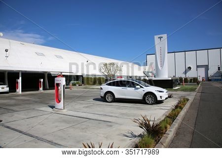 2-17-2020 Hawtorne, California / USA: Tesla Electric Motor Car headquarters in Carson California. Editorial Use Only. Tesla Electric Cars run on Electricity and cause no  dangerous emissions