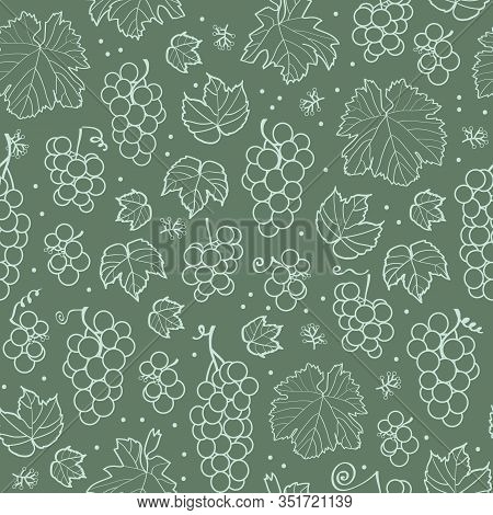 Vector Green Grapes And Leafs Seamless Pattern Print Background.