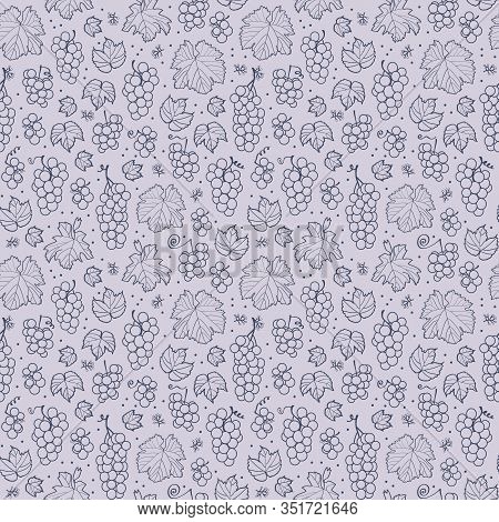 Vector Purple Light Line Grapes And Leafs Seamless Pattern Print Background.