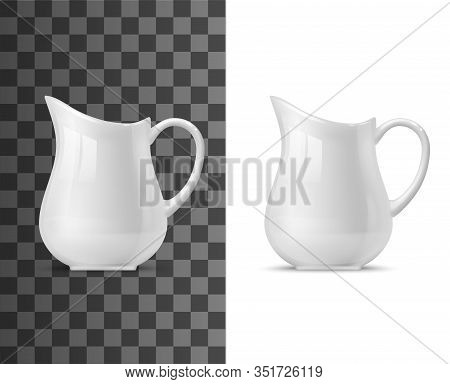 Creamer Or Milk Pot Vector Templates Of White Ceramic Tableware. 3d Porcelain Jug, Pitcher, Coffee O
