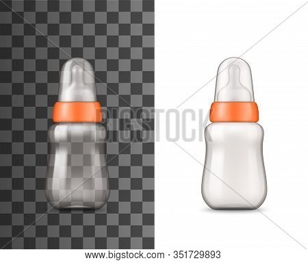 Baby Bottle 3d Vector Mockups. Empty Plastic Or Glass Containers With Silicone Nipples Or Pacifier A