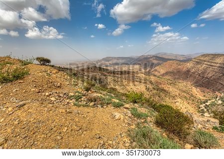 Beautiful Highland Landscape With Valley. Afar Region Near City Mekelle. Ethiopia, Africa Wilderness
