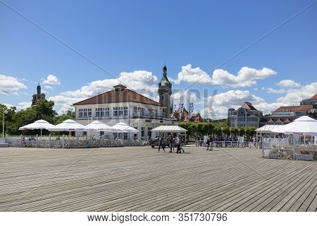Sopot, Poland - June 6, 2018: Wooden Sopot Pier In Sunny Day., Baltic Sea. It Is The Longest Wooden 