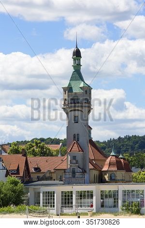 Sopot, Poland - June 6, 2018: Sopot Lighthouse, Navigation Sign On The Polish Baltic Sea Coast Next 
