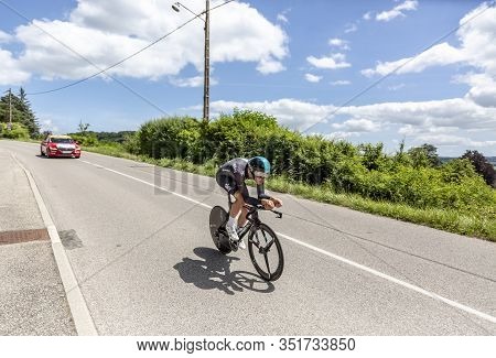 Bourgoin-jallieu, France - 07, May, 2017: The Welsh Cyclist Luke Rowe Of Team Sky Riding During The 