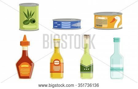 Canned Food Collection, Preserved Goods In Sealed Cans And Bottles Vector Illustration Isolated On W