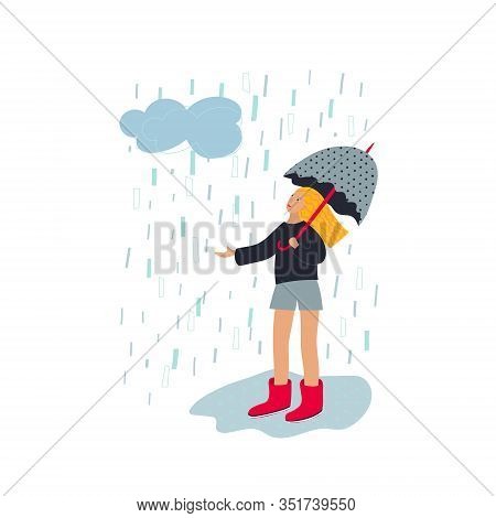 Smile Happy Girl Umbrella Rubber Boots Enjoy Rain Illustration Pepople Character. Spring Summer Seas