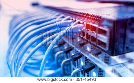 network cable connecting on network core switch close up