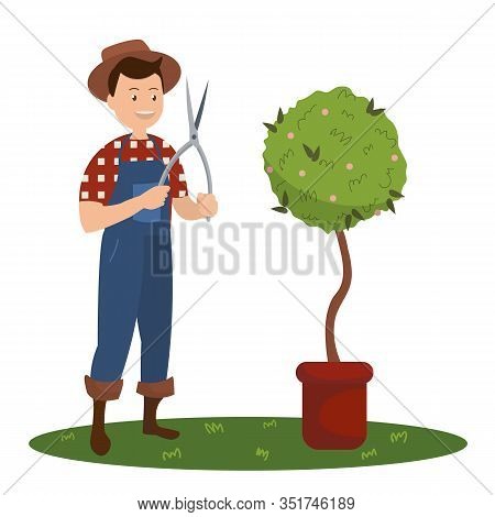Smiling Man In A Checkered Red-white Shirt And Blue Overalls Holding A Pruning Shears In His Hands S