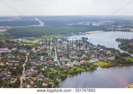 Beautiful Summer Panoramic Landscape. Birds-eye View Of Cottage Village Beresta