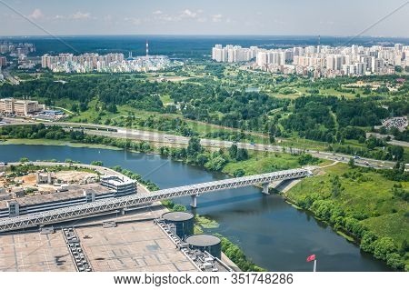 Beautiful Summer Panoramic Landscape. Birds-eye View Of Myakininsky Metro Bridge