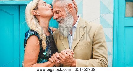 Happy Senior Couple Having Tender Moments Outdoor - Mature People Enjoying Time Together - Love, Fas