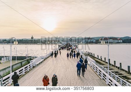 Wooden Pier In Sopot In The Spring. Good Windy Weather. Winter Day On Old Wooden Pier In Sopot, Pola