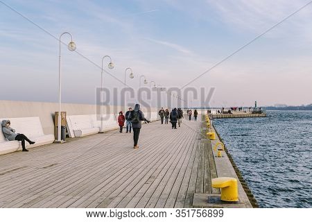 Sopot Pier Molo In The City Of Sopot, Poland February 9, 2020. Cold Winter Day On Famous Old Wooden 
