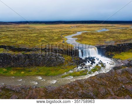 Aerial View Of The Oxarafoss Waterfalls In Iceland. Oxarafoss Also Called Oxararfoss Is Located In T