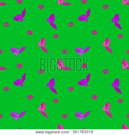 Seamless Shoe Pattern. Glamour Design Element. High Heeled Crimson And Violet Shoes And Lip Print On
