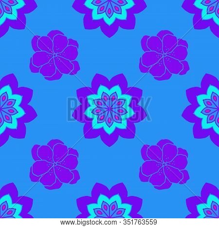 Seamless Repeat Pattern With Purple Flowers On Blue Background. For Drawn Fabric, Gift Wrap, Wall Ar