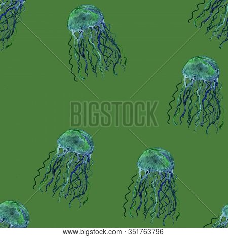 Blue, Turquoise, Purple Jellyfish Seamless Watercolor On Green Background. Marine Style. Wildlife. W