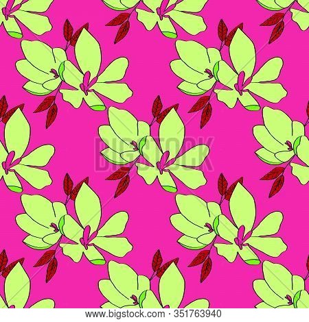 Seamless Background Of Lily Flowers. Lilies Light Greel Flowers On A Pink Background. Can Be Used As